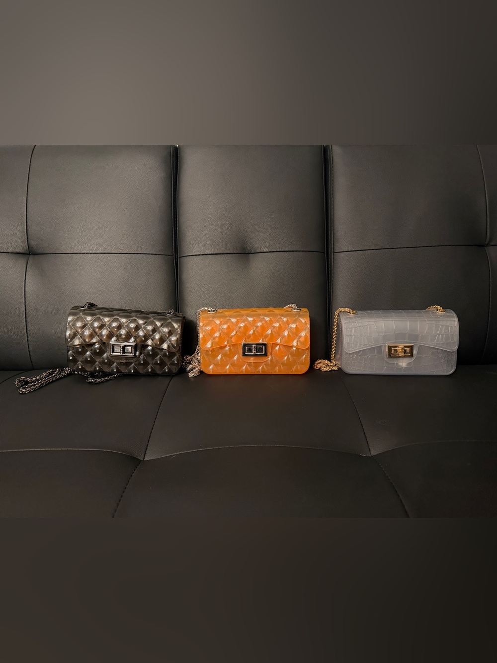 Quilted Jelly Chain Shoulder Bags - Black, Orange, and Clear